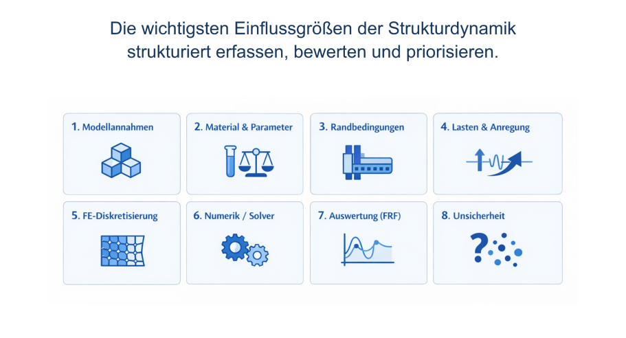 Einflussgrößen in der Strukturdynamik Sechs Symbole zu Themen der Strukturdynamik: Analyse, Planung, Untersuchung.